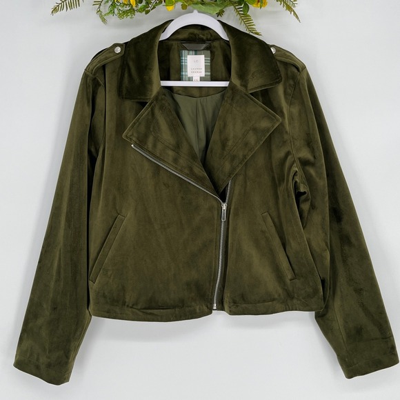 Lauren Conrad Moto Jacket XXL Olive Green Soft Velvet Crop Asymmetrical Zip - Picture 2 of 8